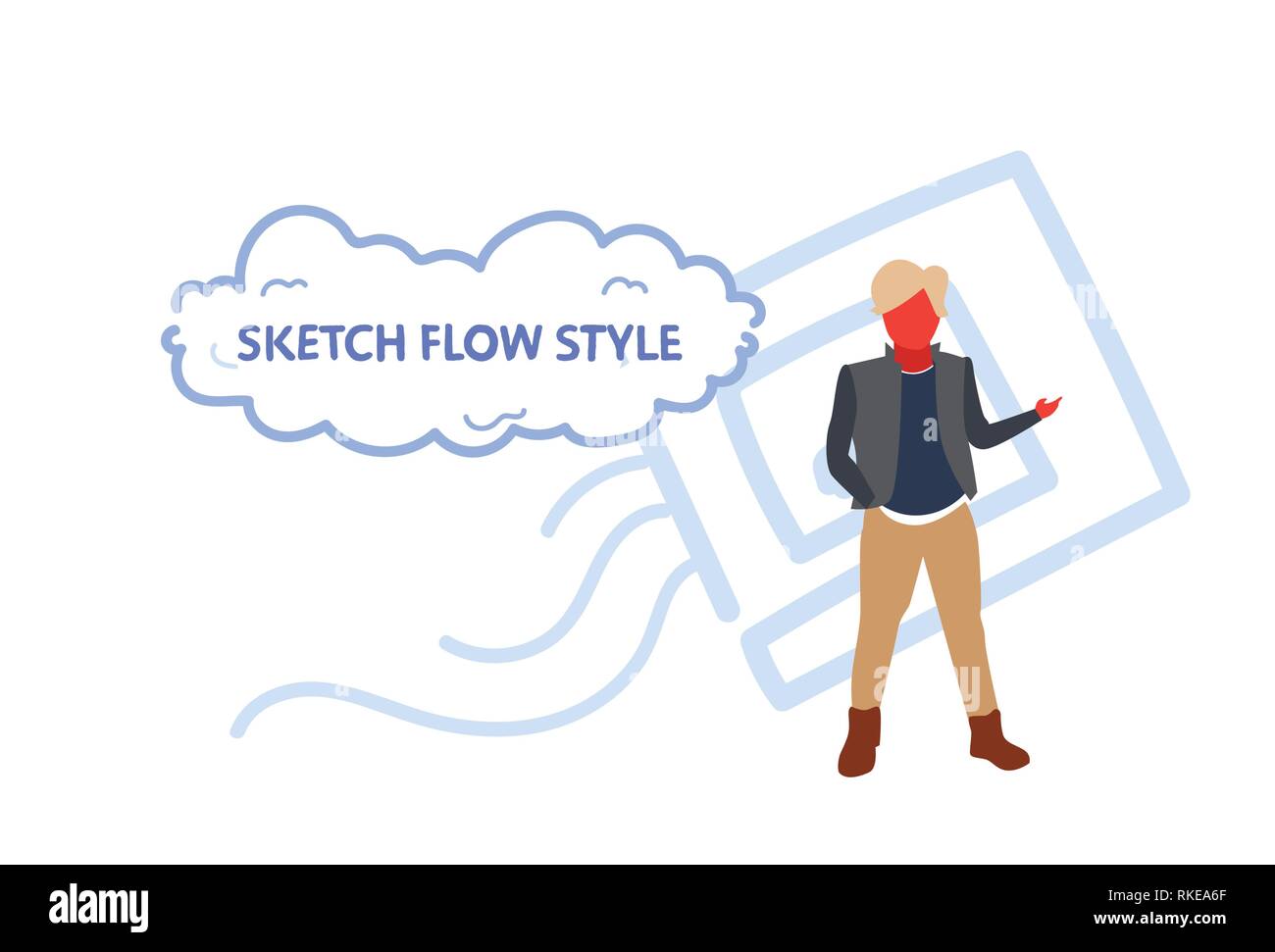 Bionda uomo che indossa abiti casual moda stile concetto giovane guy standing pongono sketch stile di flusso doodle a piena lunghezza orizzontale Illustrazione Vettoriale