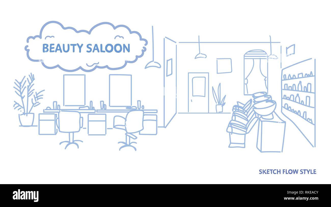 Un moderno design interno del salone di bellezza vuota nessun popolo parrucchiere sala contemporanea schizzo doodle orizzontale Illustrazione Vettoriale