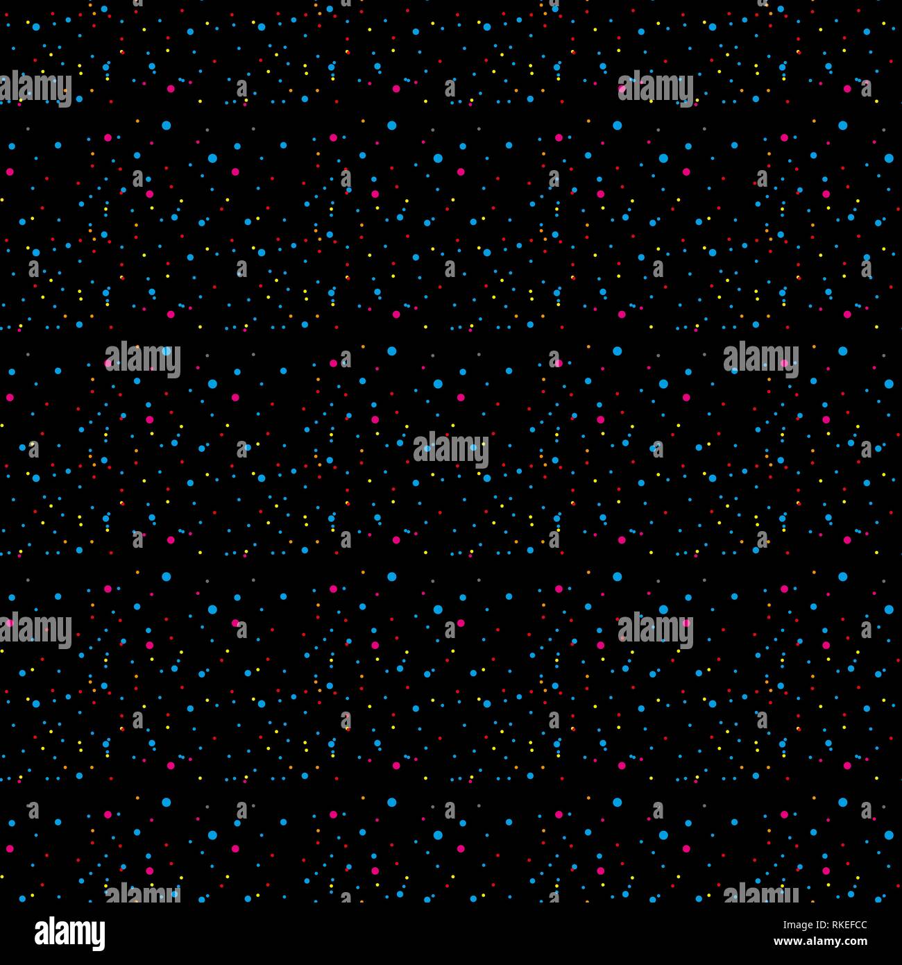 Rainbow stelle, puntini iridescenti, lucido e coriandoli. Sparse poco frizzante, glitter sfere, cerchi. Stellare casuale caduta su sfondo nero. Nuovo Ye Illustrazione Vettoriale