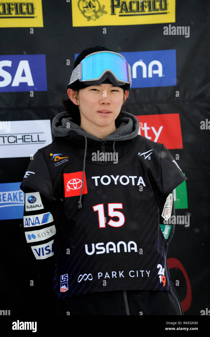 Park City, Utah, Stati Uniti d'America. 10 Febbraio, 2019. Il quarto posto del Giappone Hiroaki Kunitake reagisce durante il FIS Campionati Mondiali di Snowboard 2019 Uomini Slopestyle cerimonia di premiazione presso il Park City Mountain Resort in Park City, Utah, Stati Uniti, 10 febbraio 2019. Credito: Hiroyuki Sato/AFLO/Alamy Live News Foto Stock