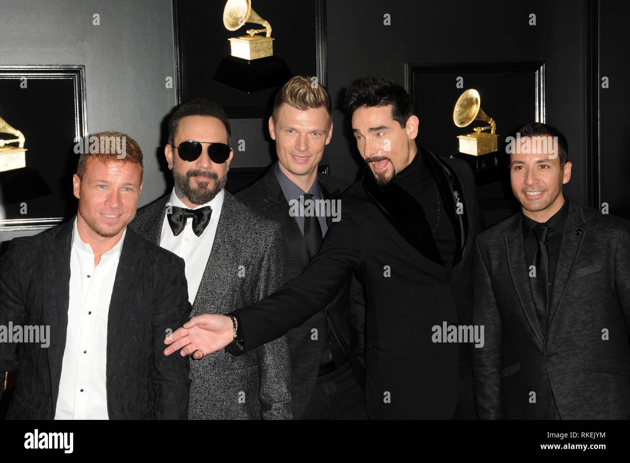 Los Angeles, CA, Stati Uniti d'America. 10 Febbraio, 2019. LOS ANGELES - Feb 10: Backstreet Boys - Brian Littrell, AJ McLean, Nick Carter, Kevin Richardson, Howie Dorough a 61 Grammy Awards alla Staples Center il 10 febbraio 2019 a Los Angeles, CA Credito: ZUMA Press, Inc./Alamy Live News Foto Stock