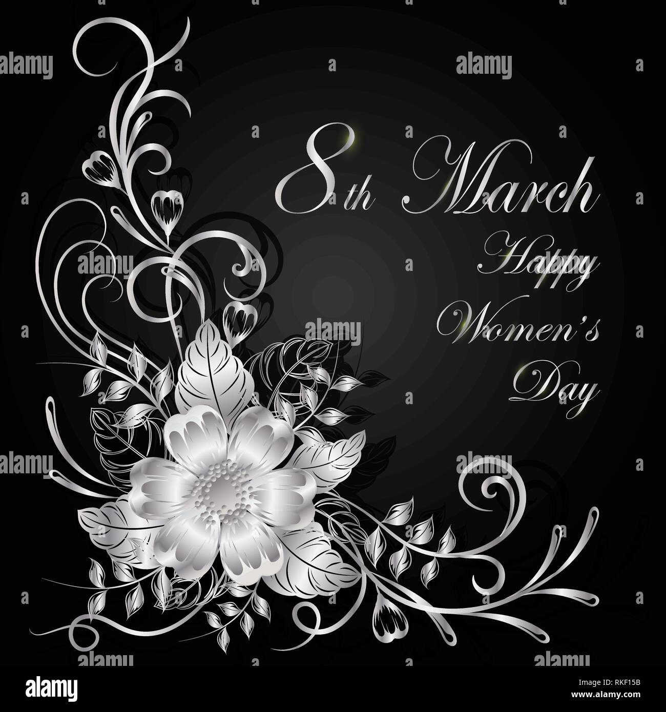 Womens giorno biglietto di auguri. Bellissimi fiori in argento su sfondo scuro con ombra Immagine e Vettoriale - Alamy