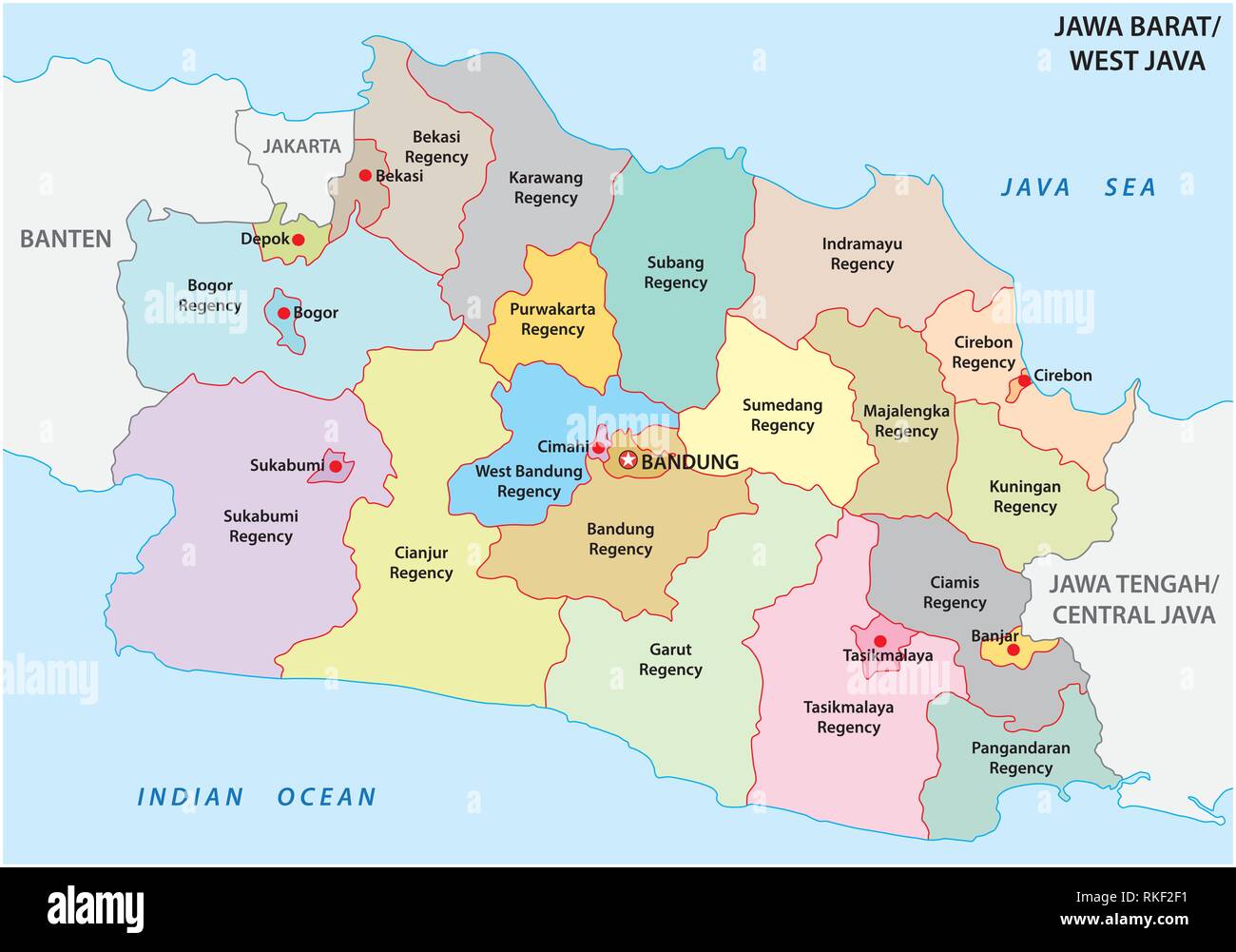 Jawa Barat, West Java politica e amministrativa di mappa vettoriale, Indonesia Illustrazione Vettoriale