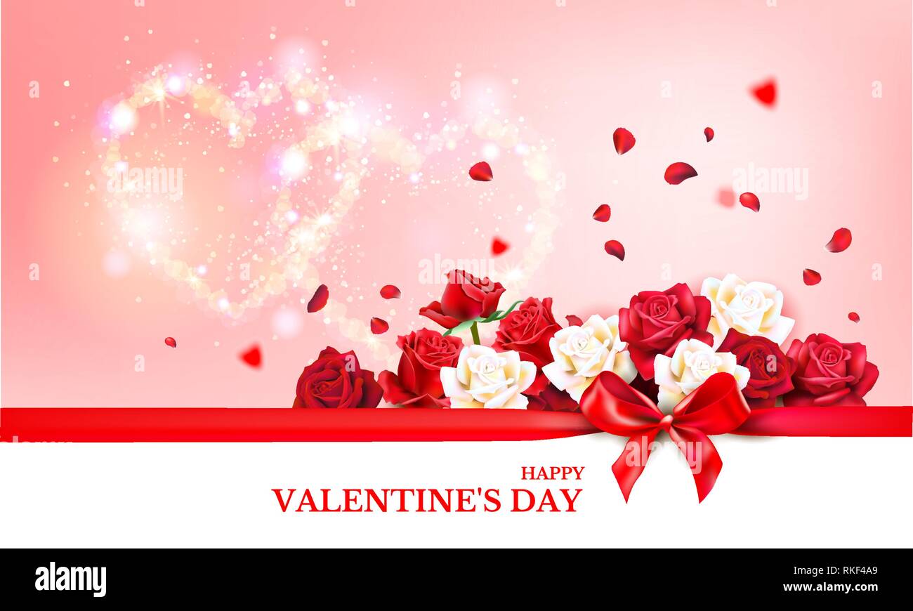 Il giorno di San Valentino sfondo vettoriale. Felice il giorno di san valentino biglietto di auguri con rose, cuori di elementi di forma e il nastro. Illustrazione Vettoriale. Illustrazione Vettoriale