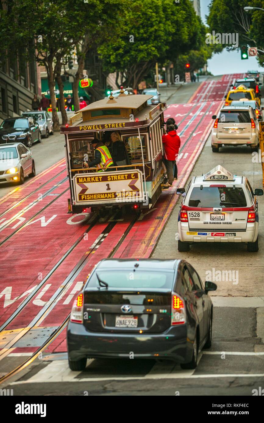 La funivia a Powell Street. Intorno a Union Square. San Francisco. In California, Stati Uniti d'America Foto Stock