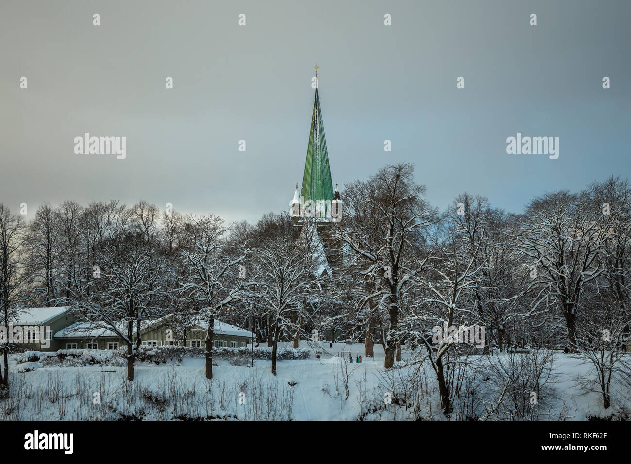 Cattedrale Nidarosdomen dal fiume Nidelva di Trondheim. Bella stagione invernale. Più famosi, gotica chiesa norvegese. Foto Stock