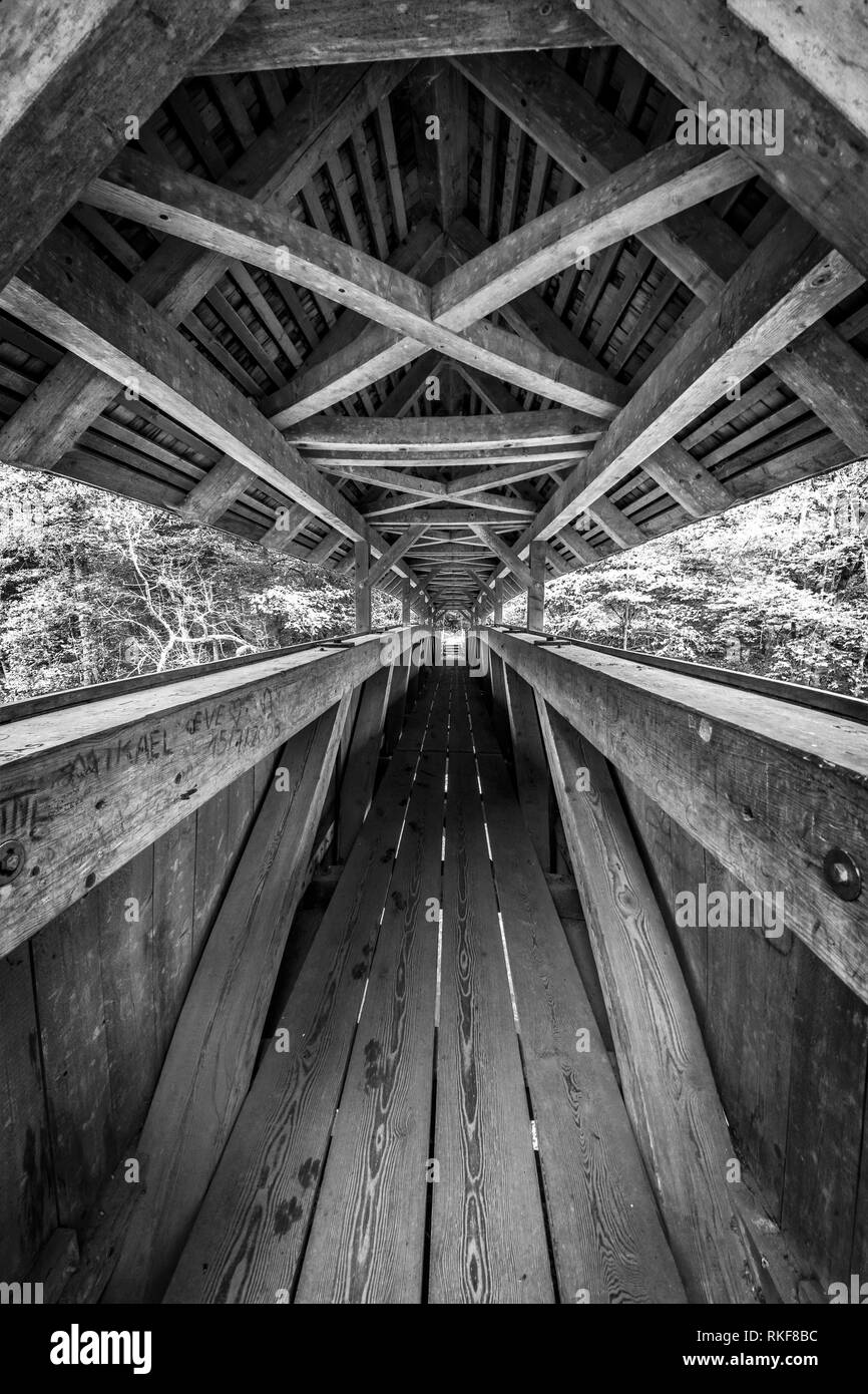 A lungo con travi in legno a vista ponte pedonale con tetto e graffiti monocromi Foto Stock