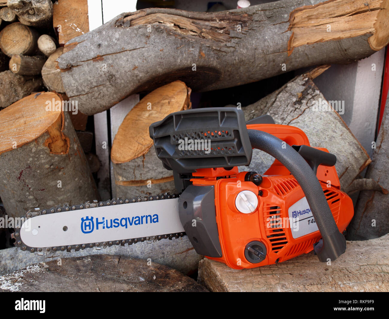 Nuovo di zecca Husqvarna T425 sega a catena su woodpile pronto per l'uso  Foto stock - Alamy