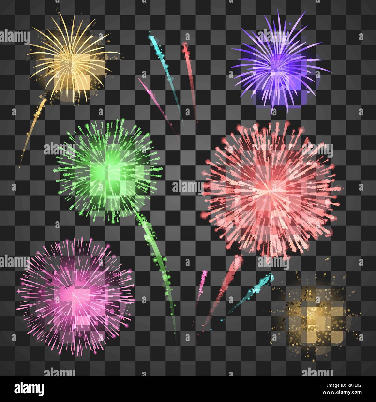 Festival set di fuochi d'artificio. Illustrazione di vettore isolato su sfondo trasparente Illustrazione Vettoriale