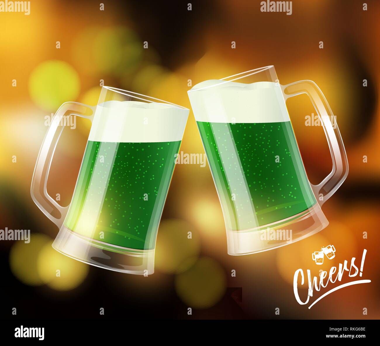 Due tazze con birra verde, bicchieri tintinnanti, San Patrizio giorno simbolo Illustrazione Vettoriale