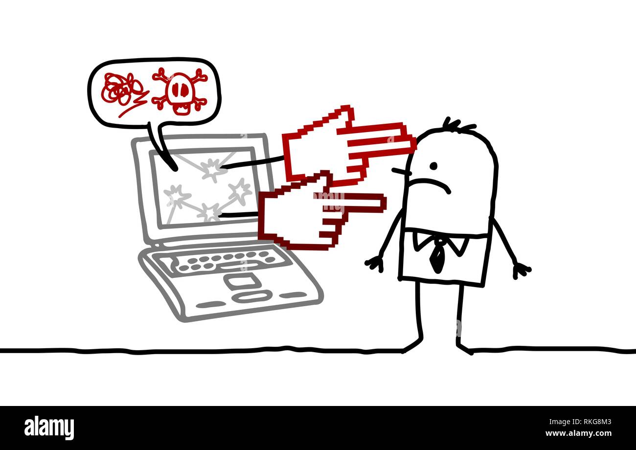 Cartoon uomo e cyber-bullismo Illustrazione Vettoriale