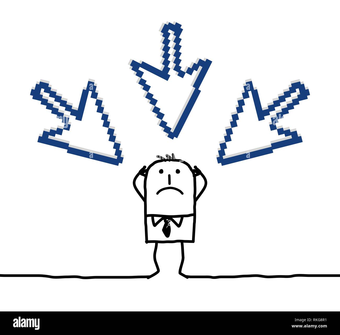 Cartoon uomo con grandi cursori di puntamento su di lui Illustrazione Vettoriale