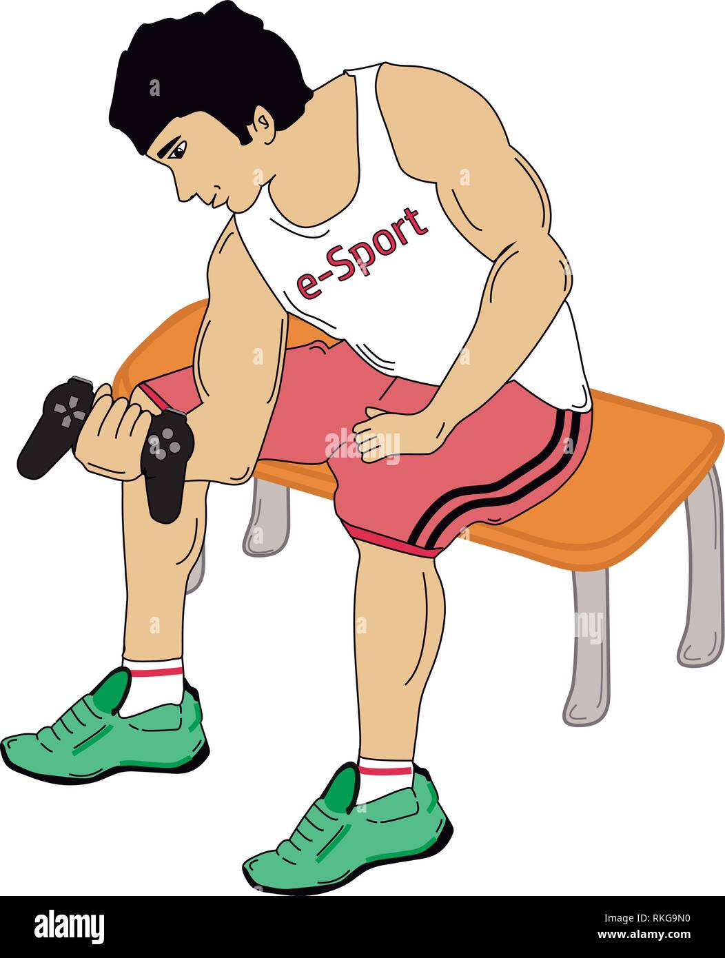 Formazione per l'e-sport, concetto. Ragazzo muscolare nello sport vestiti di sollevamento giochi video controller come se fosse un peso. Vettore o illustrazione. Illustrazione Vettoriale