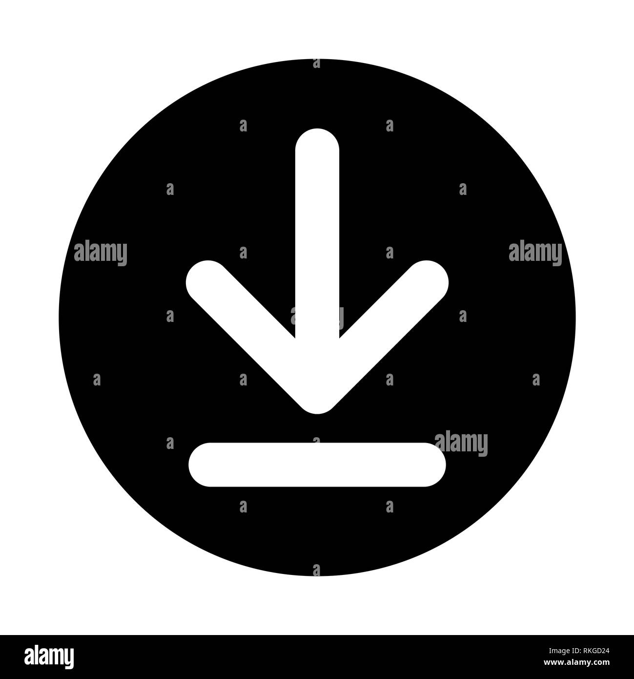 Un bianco icona di download su un pulsante nero isolato su uno sfondo bianco Foto Stock