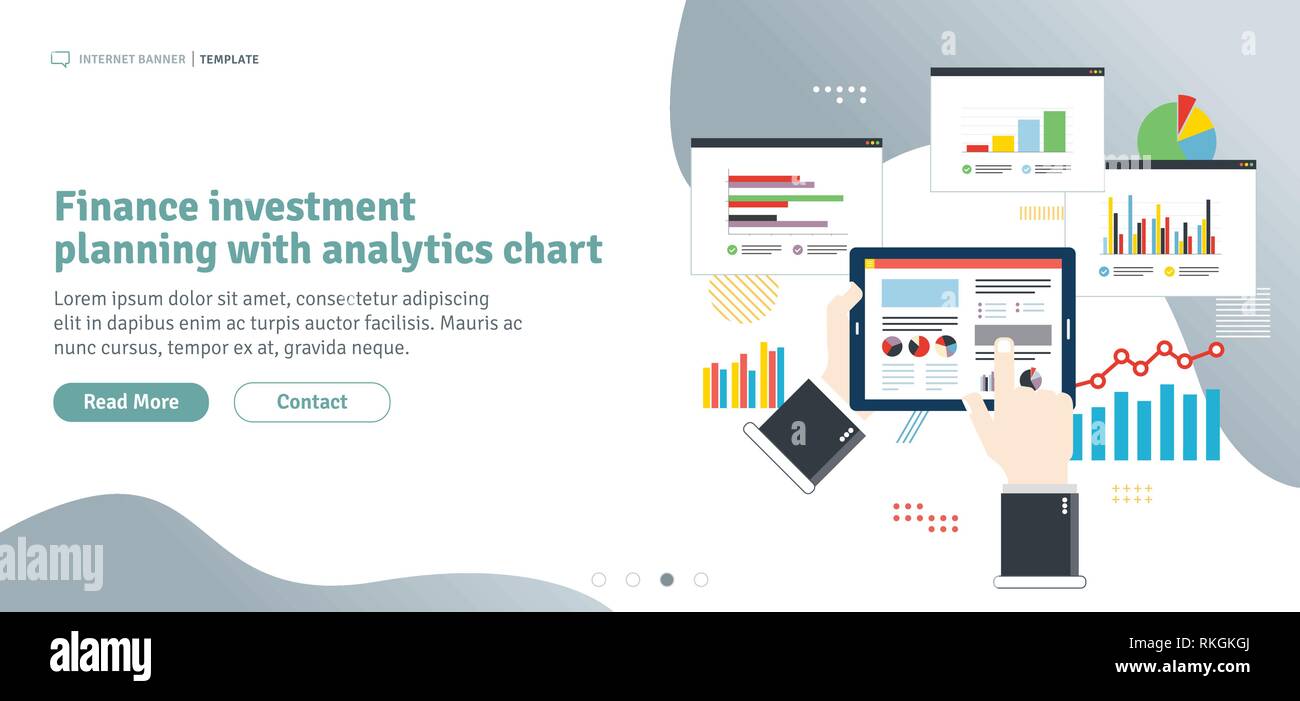 Il finanziamento degli investimenti la pianificazione con analytics grafico. Grafico o diagramma di applicazione per monitoraggio con report di crescita. Modello in design piatto per il web b Illustrazione Vettoriale