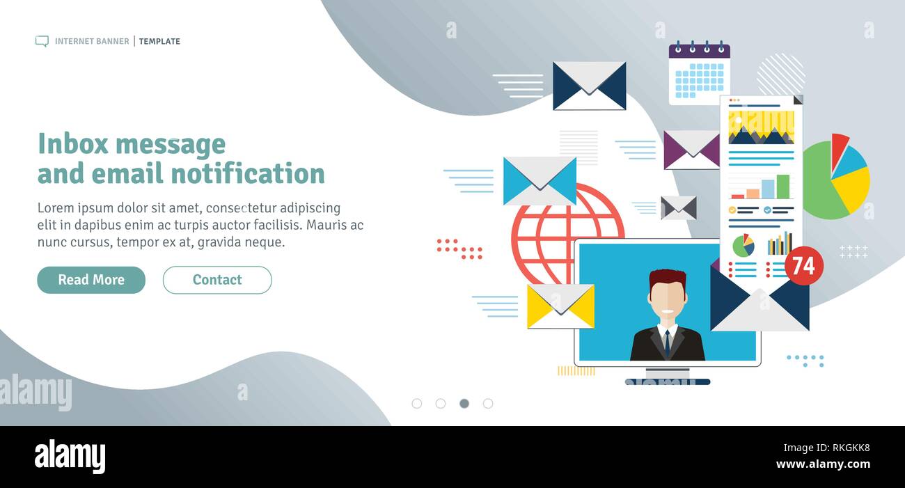Messaggio di posta in arrivo e la notifica di posta elettronica. Comunicazione e marketing e-mail, inviare e-mail alla casella di posta in arrivo. Notifica nuovo messaggio.Modello nel design piatto per Illustrazione Vettoriale