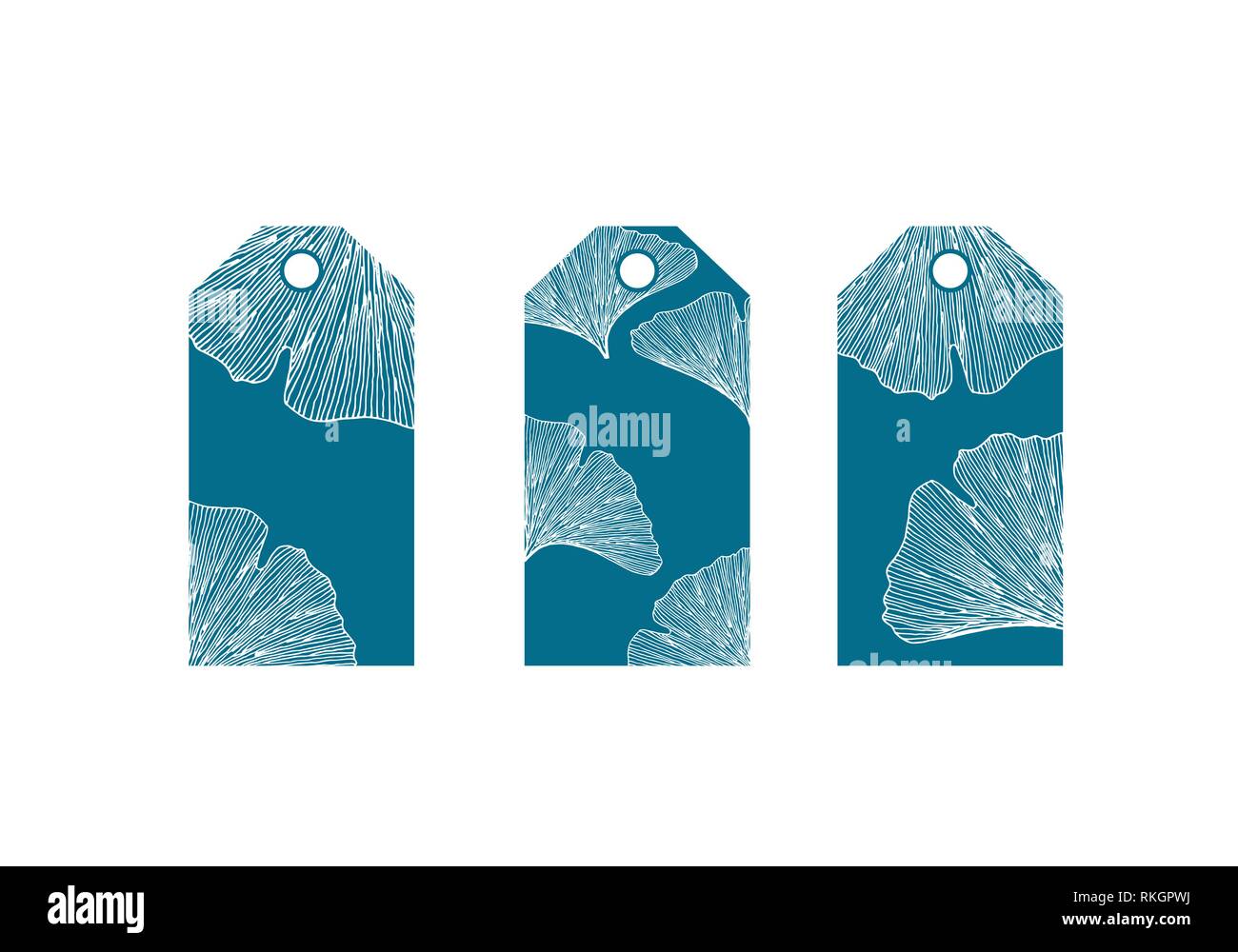 Disegnato a mano le foglie di ginkgo template vettoriale in colore bianco su sfondo blu del set di tag Illustrazione Vettoriale