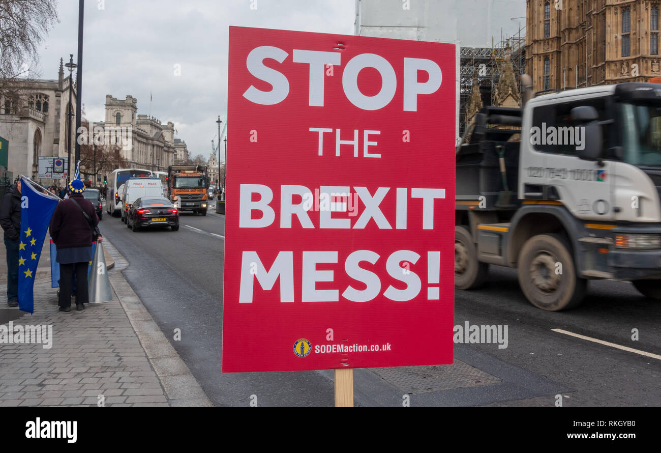 Rimanere sulla targhetta dicendo 'Stop la Brexit Mess" al di fuori del Parlamento britannico a Londra Foto Stock