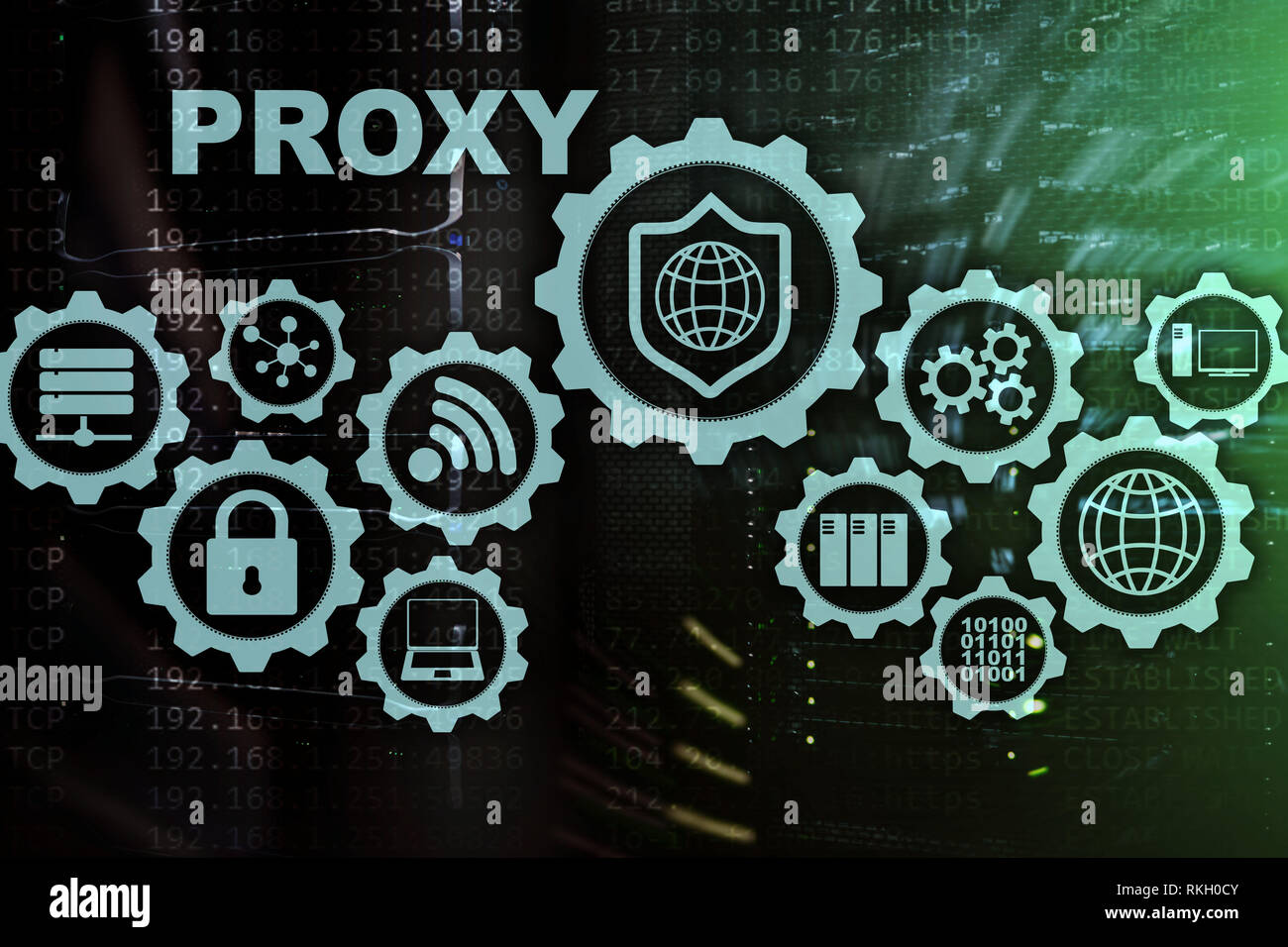 Server proxy. Cyber security. Concetto di sicurezza della rete su schermo virtuale. La sala server sullo sfondo Foto Stock