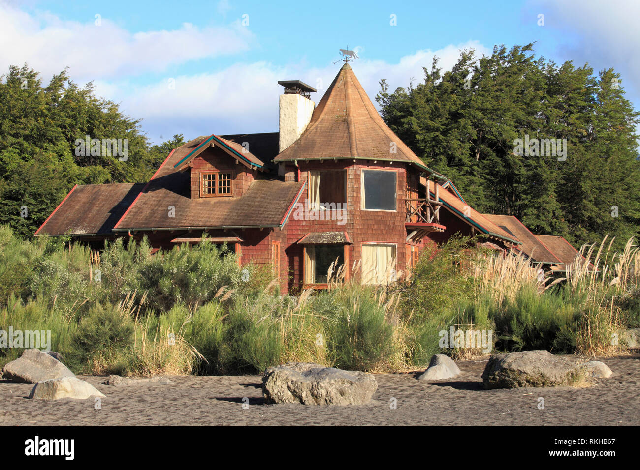 Il Cile, Lake District, Petrohue, house, un edificio di architettura tradizionale, Foto Stock