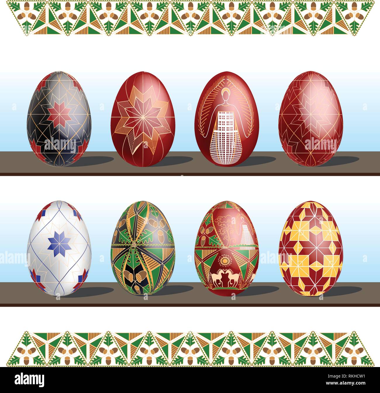 Pysanky - tradizionale orientale decorate con la cera le uova di Pasqua. Illustrazione Vettoriale su sfondo bianco. Illustrazione Vettoriale