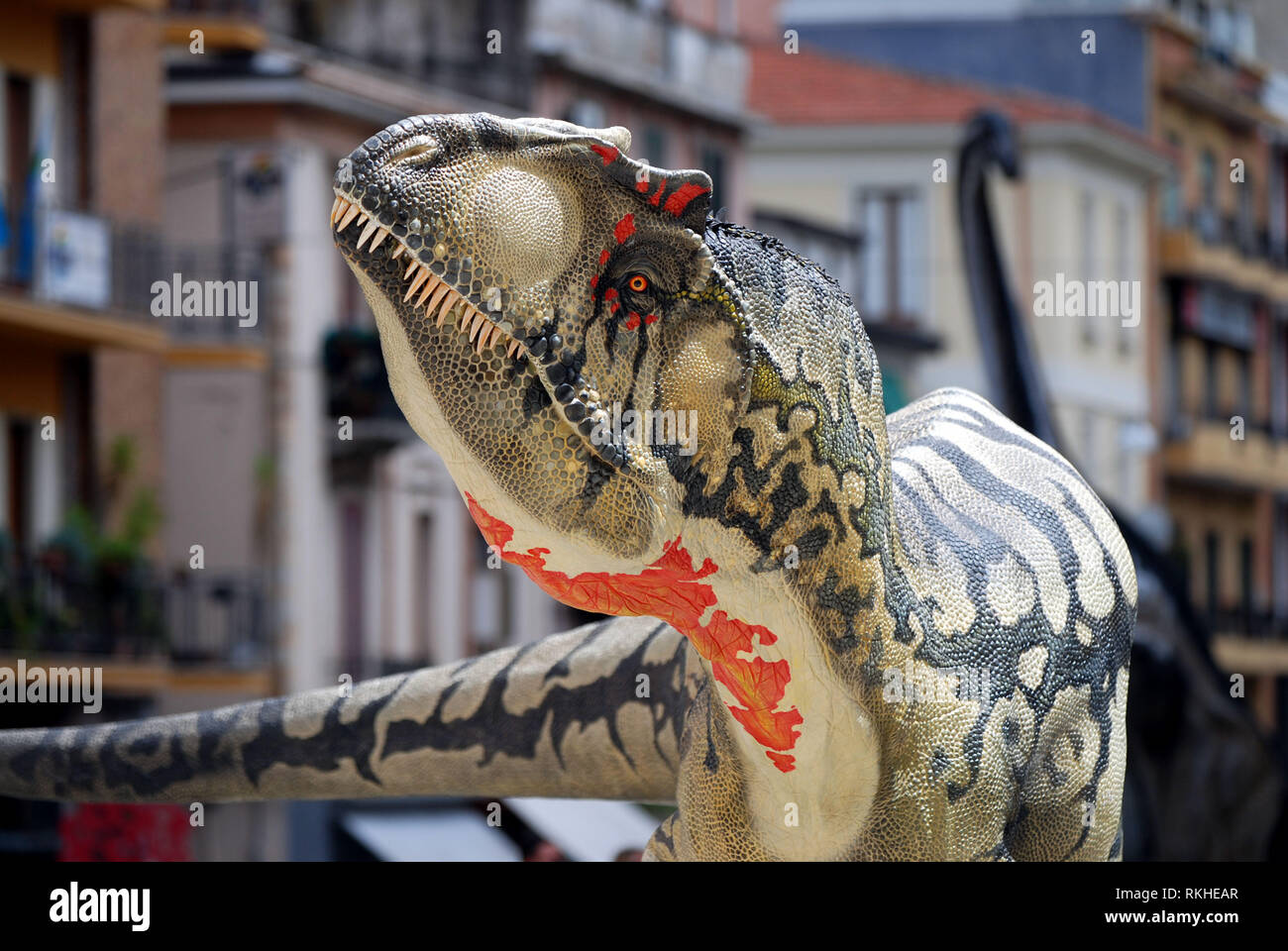 I dinosauri in giro per la città 1:1 La riproduzione in scala del dinosauro allosaurus fragilis esposta nella città di Cosenza calabria italia 2018 Foto Stock