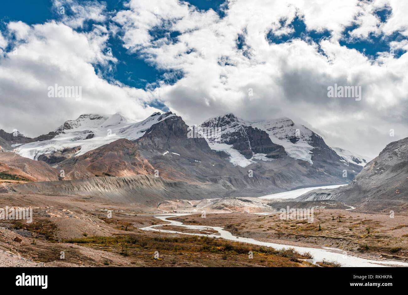 Valle del ghiacciaio del Monte Athabasca, Saskatchewan ghiacciaio, Ghiacciaio Athabasca, Icefields Parkway, il Parco Nazionale di Jasper National Foto Stock