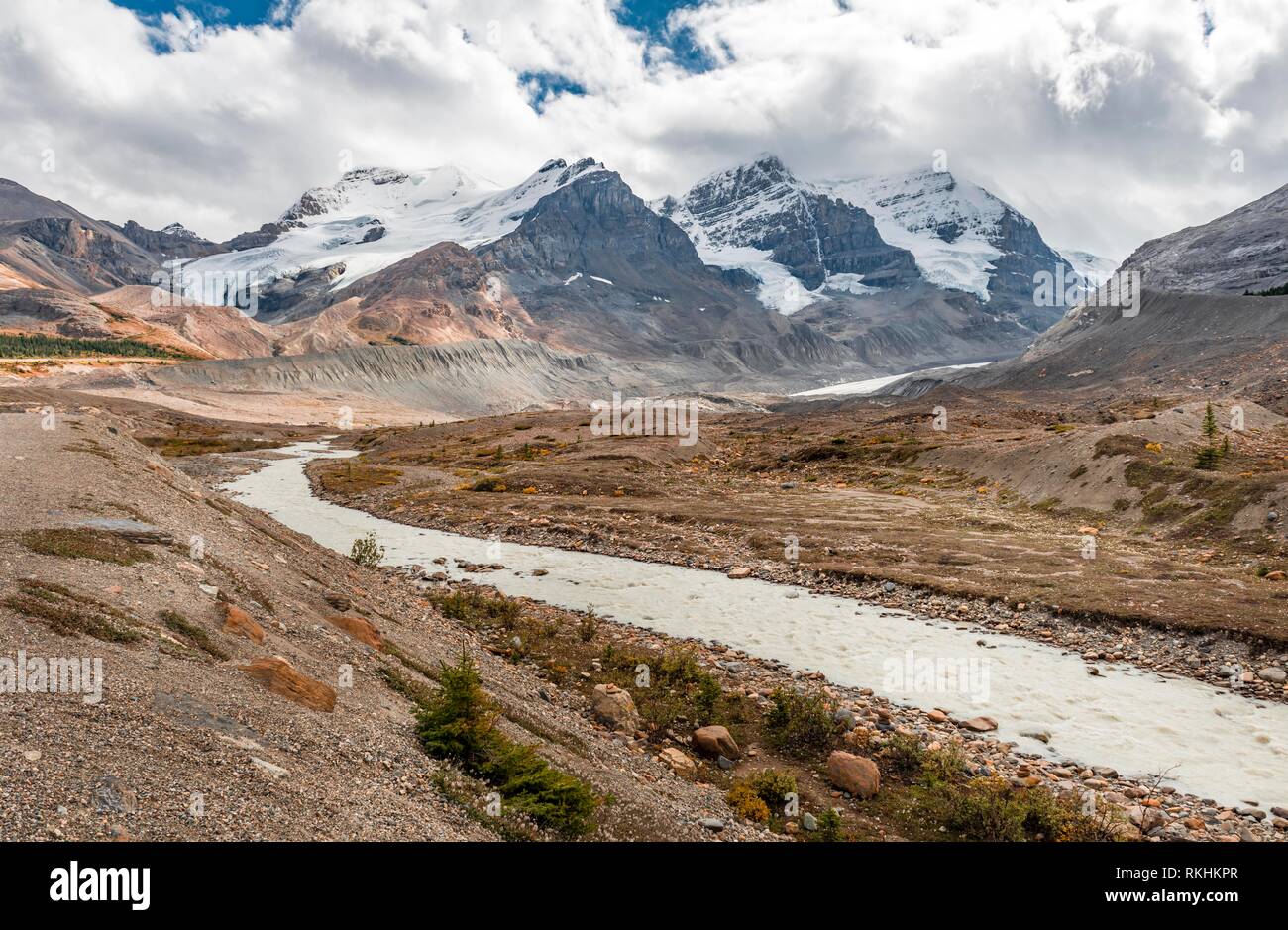 Valle del ghiacciaio del Monte Athabasca, Saskatchewan ghiacciaio, Ghiacciaio Athabasca, Icefields Parkway, il Parco Nazionale di Jasper National Foto Stock