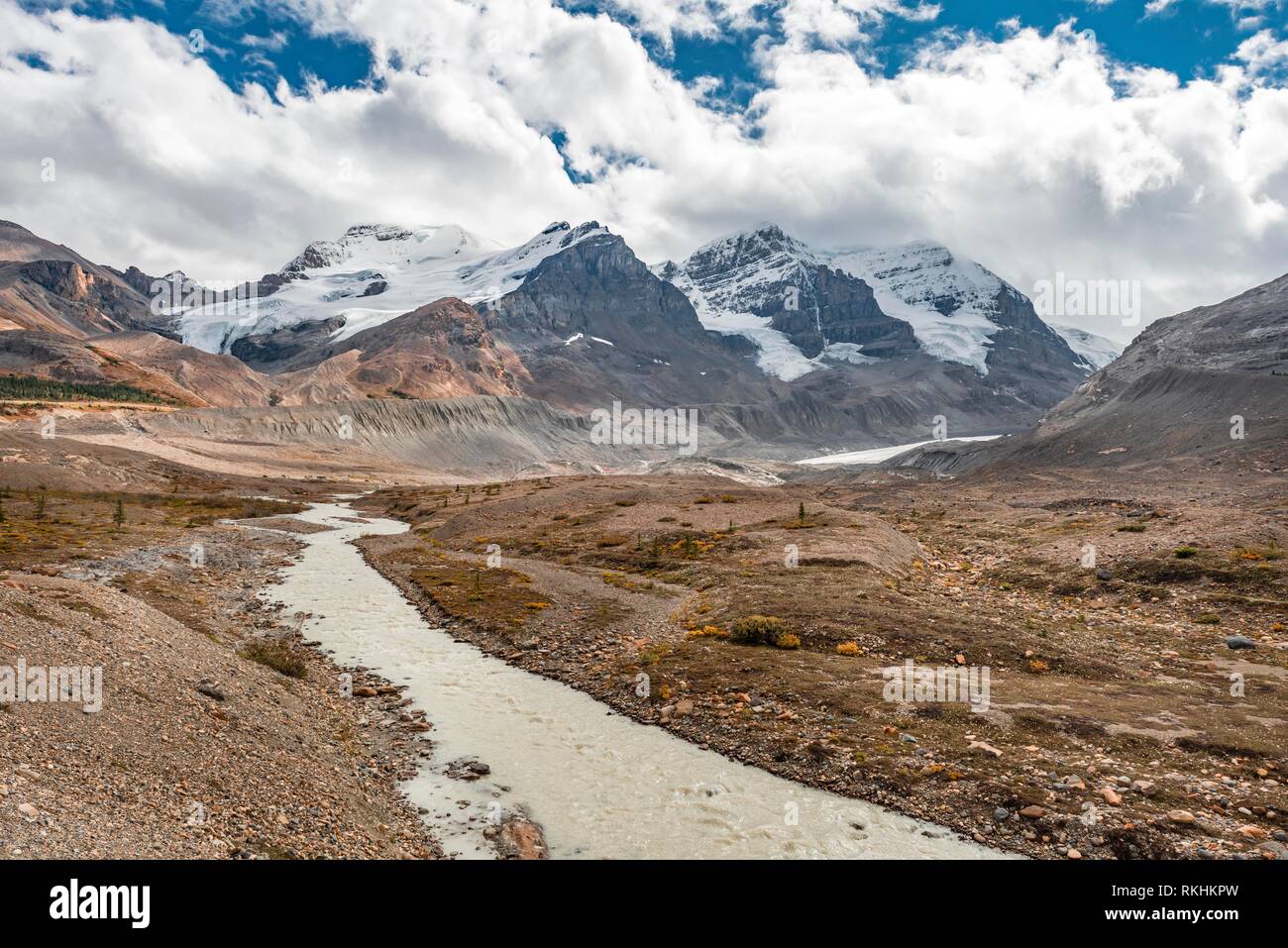 Valle del ghiacciaio del Monte Athabasca, Saskatchewan ghiacciaio, Ghiacciaio Athabasca, Icefields Parkway, il Parco Nazionale di Jasper National Foto Stock