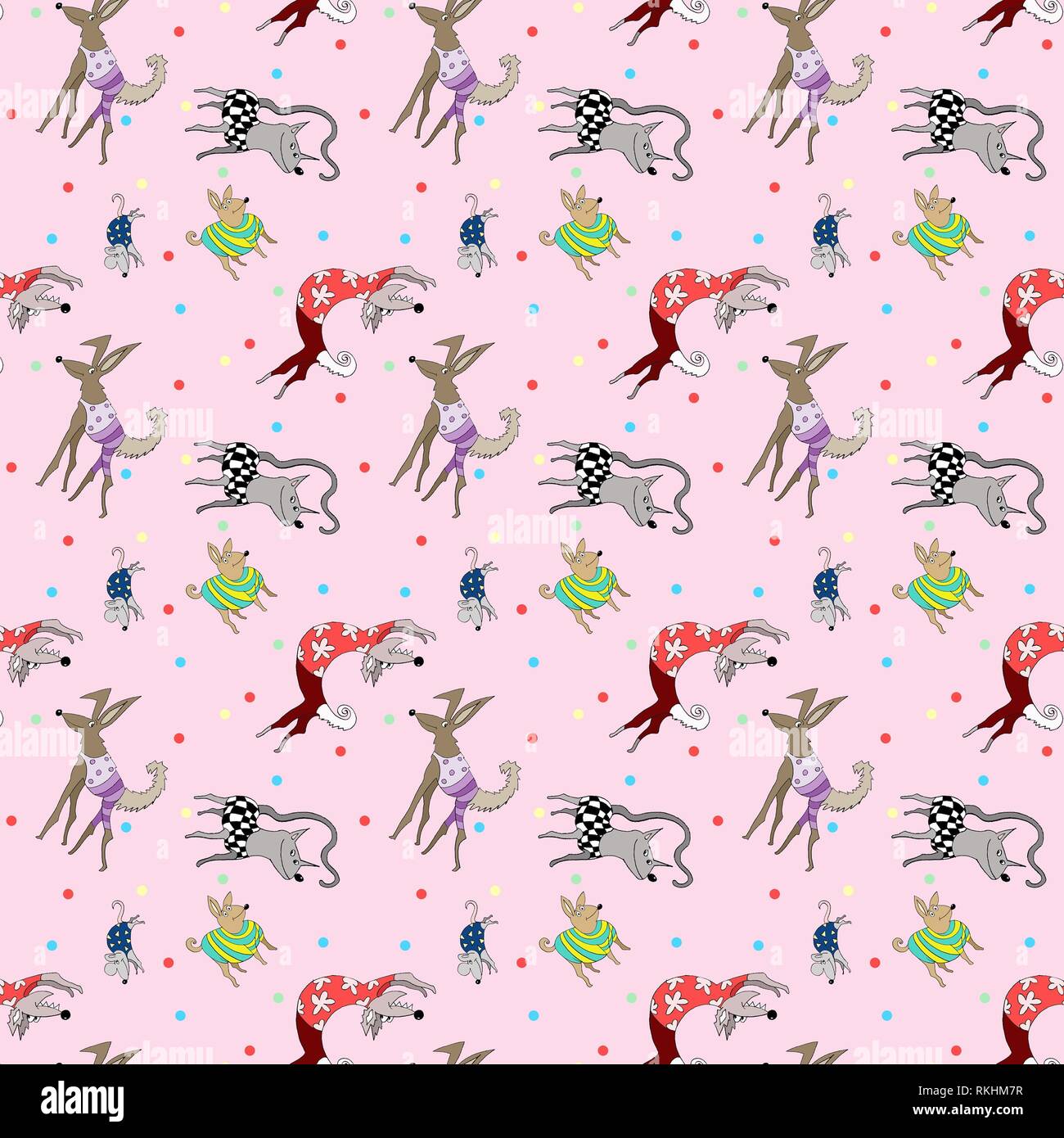 Carta da parati, la carta di avvolgimento, seamless pattern, crazy animali, cane, gatto, mouse con vestiti, sfondo rosa, Germania Foto Stock