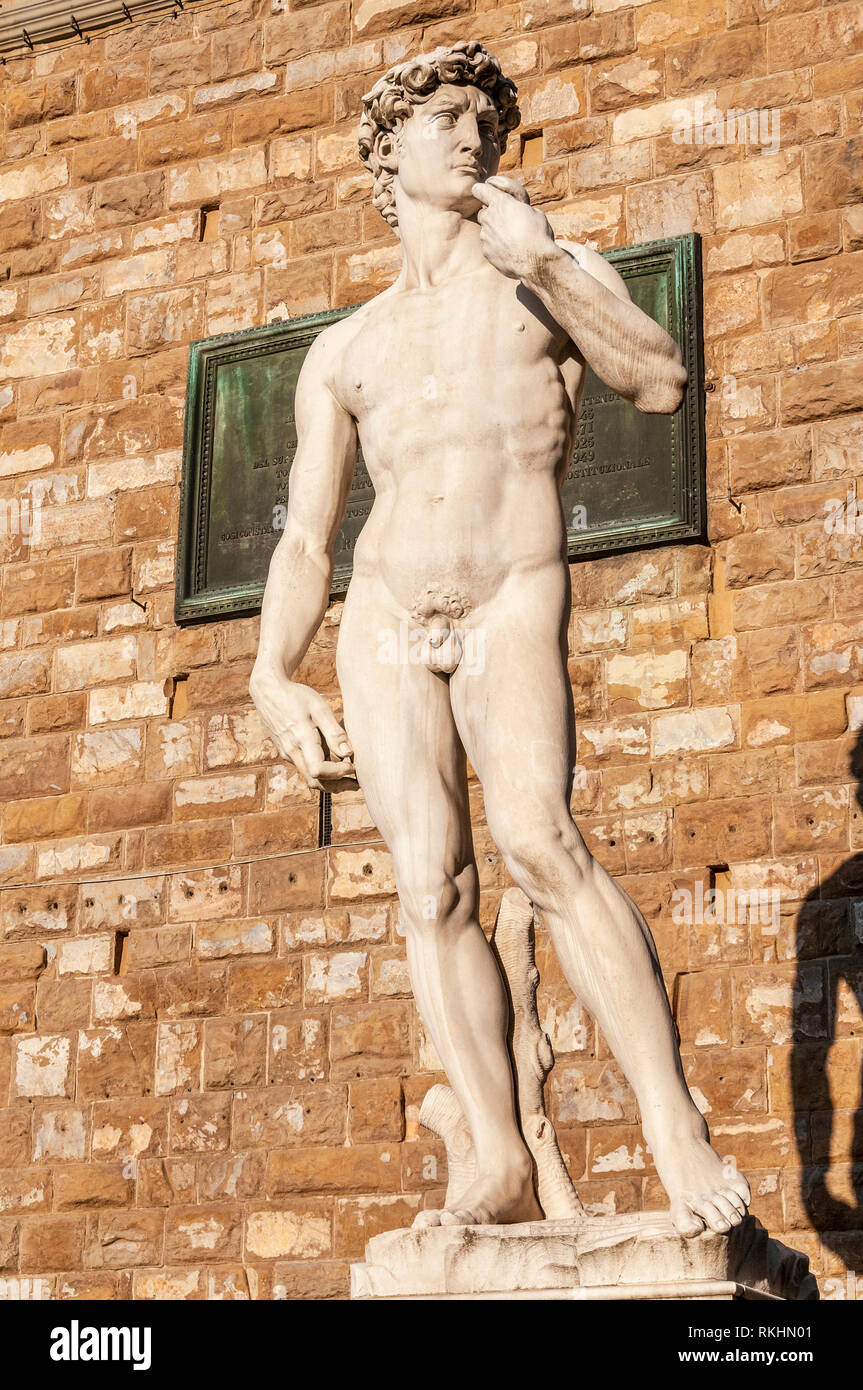 Una copia della famosa statua del David di Michelangelo sorge al di fuori del Palazzo Vecchio in Piazza della Signoria, Firenze, Italia Foto Stock