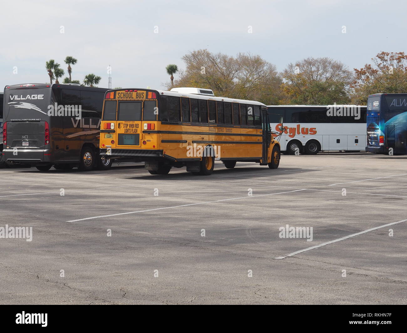 American School Bus fuori da Cape Canaveral Space Center - Florida - USA Foto Stock