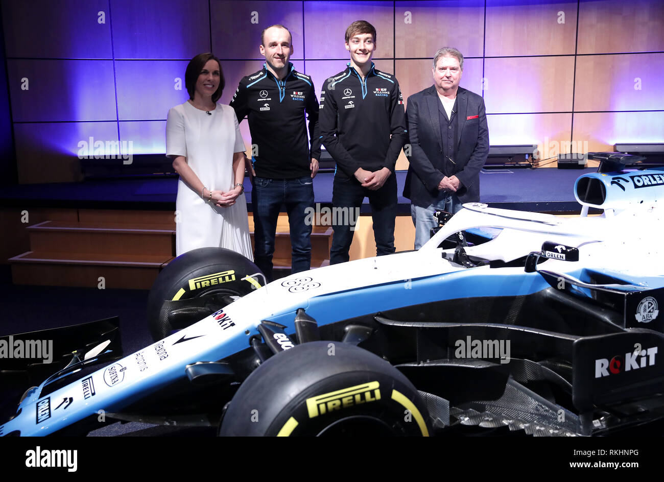 Inaugurazione della nuova livrea FW42 con la Williams di Formula Uno vice  team principal Claire Williams (sinistra), driver George Russell e Robert  Kubica, con presidente della Rok Jonathan Kendrick (a destra) durante