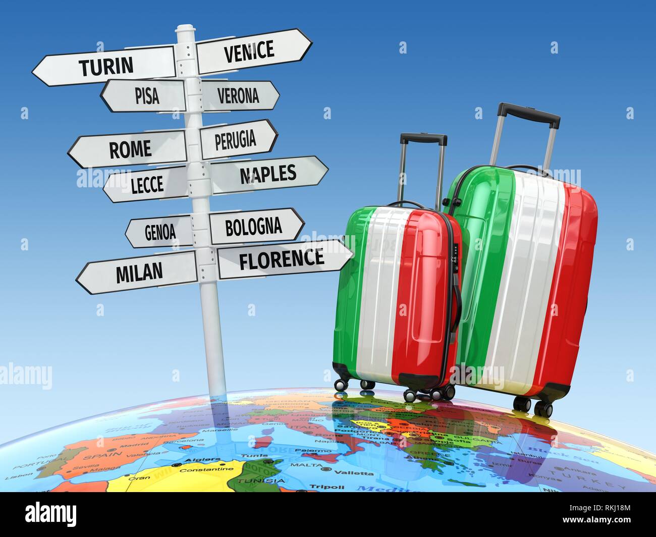 Concetto di viaggio. Valigie e cartello cosa visitare in Italia. 3d Foto  stock - Alamy