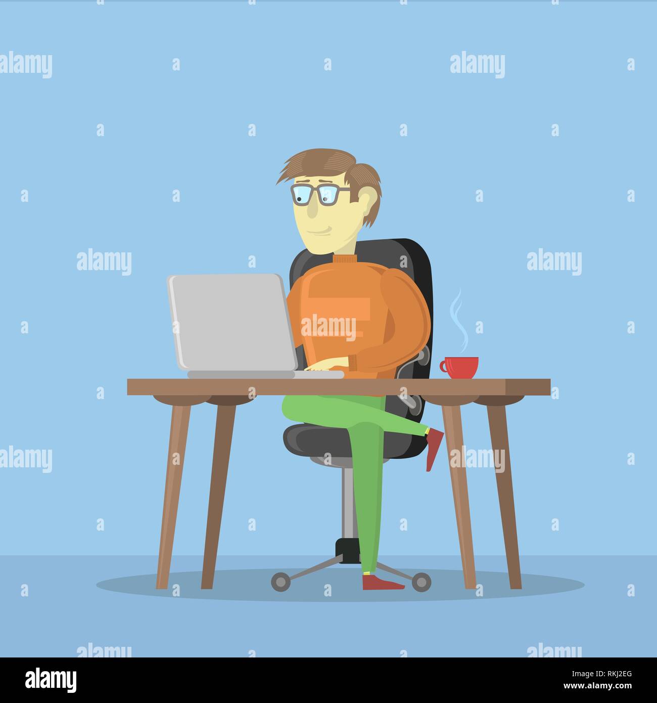 Uomo al lavoro su un computer portatile. Business maschio personaggio dei fumetti. Libero professionista e il suo processo di lavoro icona. Lavoro freelance. Illustrazione Vettoriale