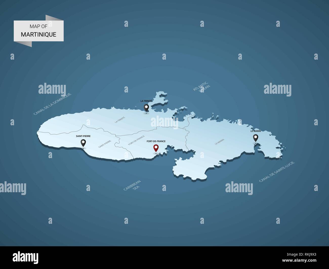 Isometrica, 3D Martinique map, illustrazione vettoriale con città, frontiere, capitale, divisioni amministrative e i contrassegni del puntatore; gradiente dello sfondo blu. Illustrazione Vettoriale