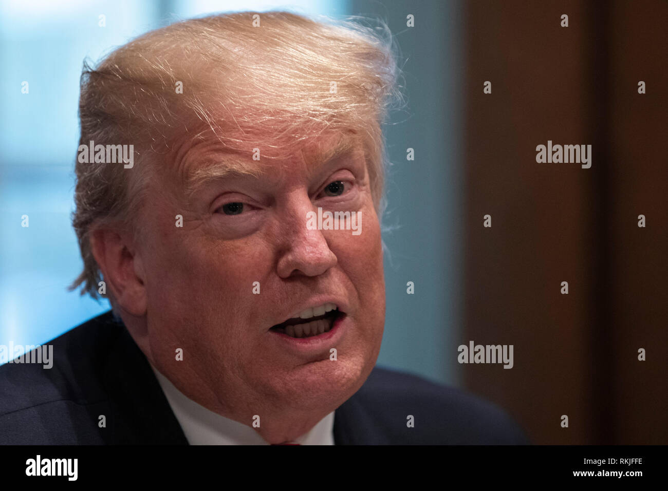 Stati Uniti Presidente Donald Trump parla ai giornalisti nel Cabinet Room come egli si prepara come egli incontra repubblicano legislatori per discutere proposte di legislazione commerciale presso la Casa Bianca a Washington D.C. il 24 gennaio 2019. Foto Stock