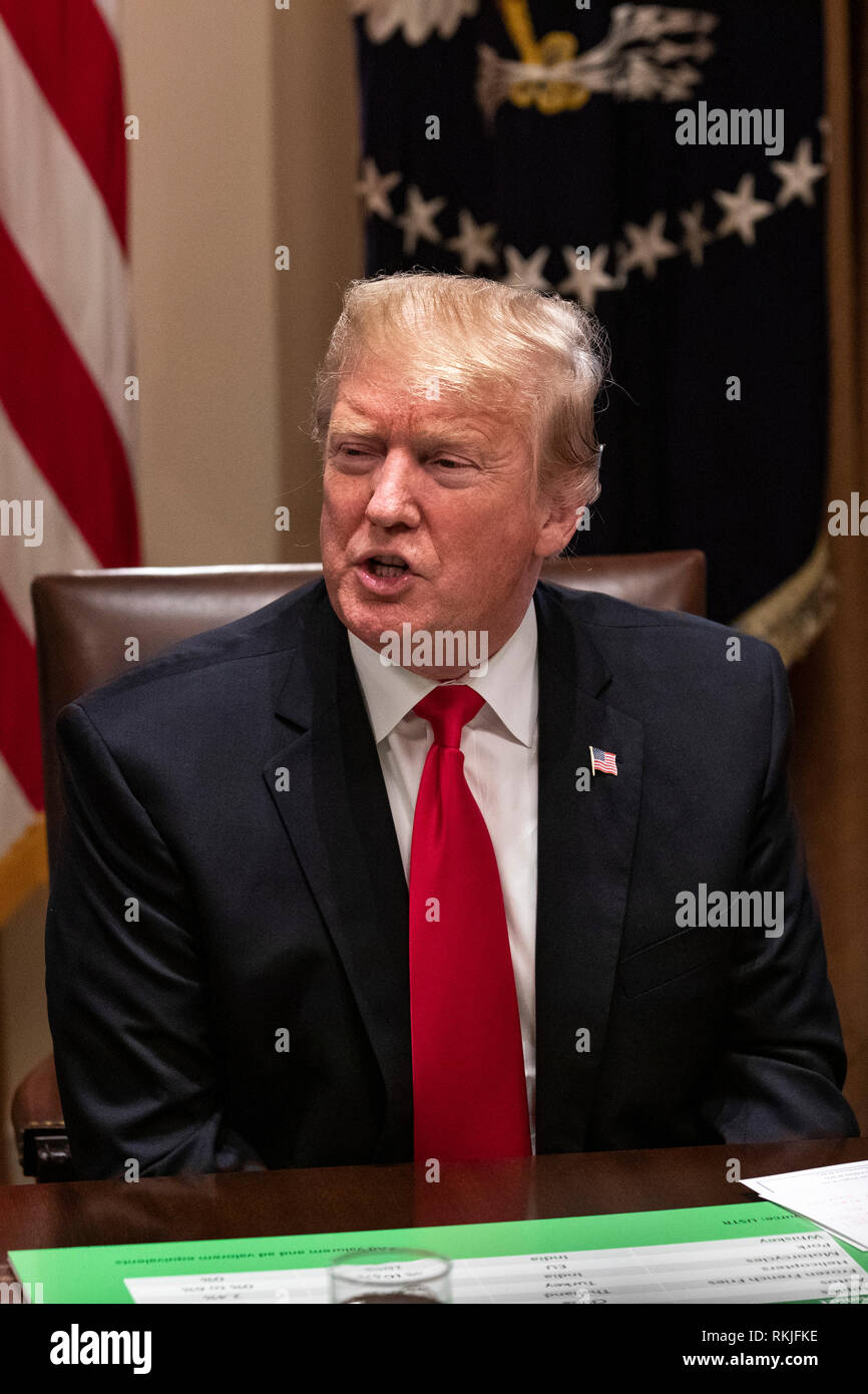 Stati Uniti Presidente Donald Trump parla ai giornalisti nel Cabinet Room come egli si prepara come egli incontra repubblicano legislatori per discutere proposte di legislazione commerciale presso la Casa Bianca a Washington D.C. il 24 gennaio 2019. Foto Stock