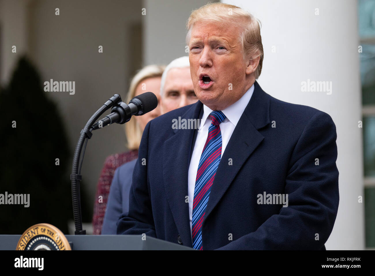 Il presidente statunitense Donald Trump parla ai giornalisti nel Giardino delle Rose della Casa Bianca il 4 gennaio 2019. Foto Stock