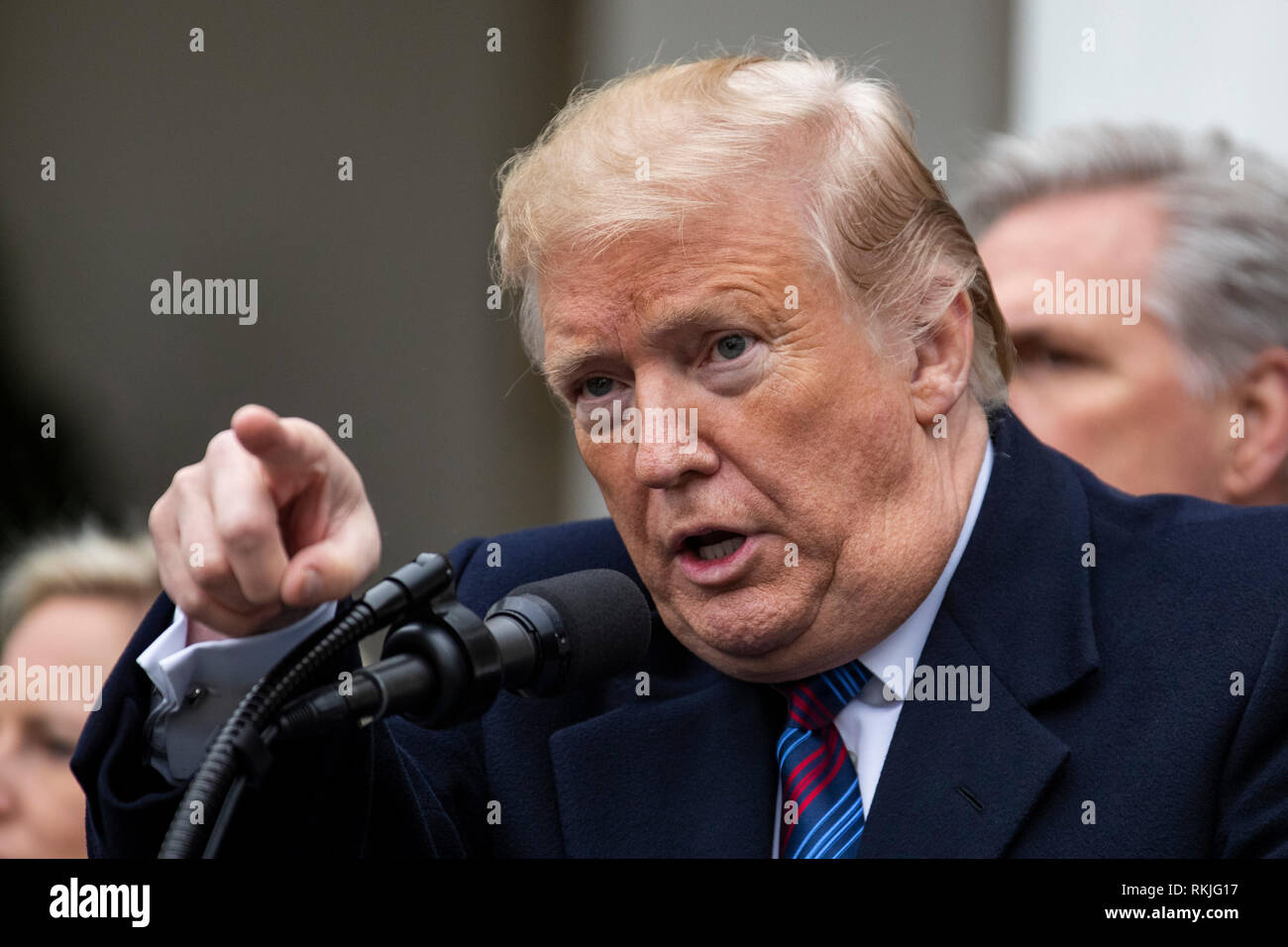 Il presidente statunitense Donald Trump parla ai giornalisti nel Giardino delle Rose della Casa Bianca il 4 gennaio 2019. Foto Stock