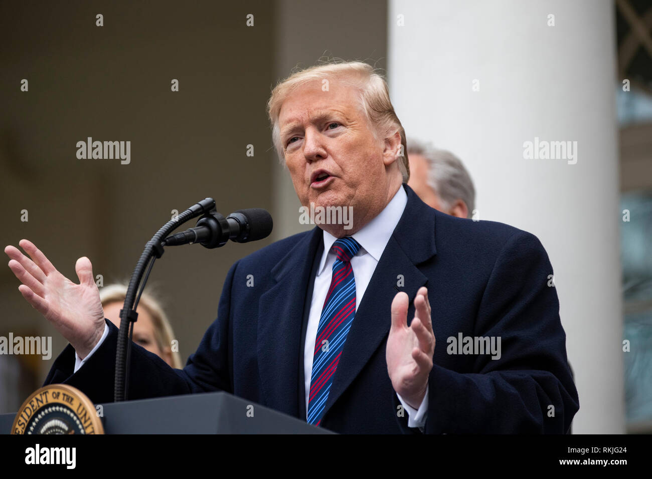 Il presidente statunitense Donald Trump parla ai giornalisti nel Giardino delle Rose della Casa Bianca il 4 gennaio 2019. Foto Stock