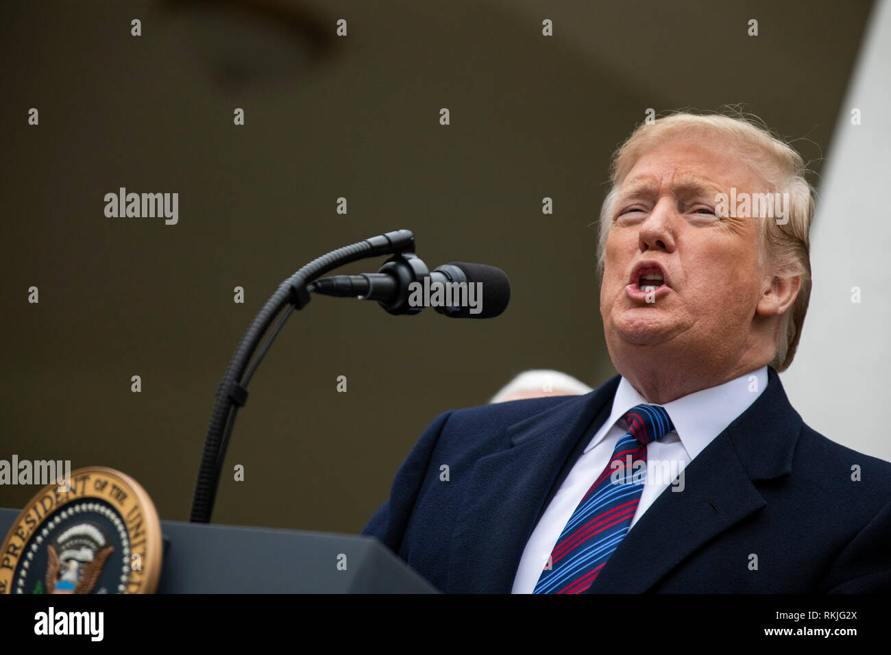 Il presidente statunitense Donald Trump parla ai giornalisti nel Giardino delle Rose della Casa Bianca il 4 gennaio 2019. Foto Stock