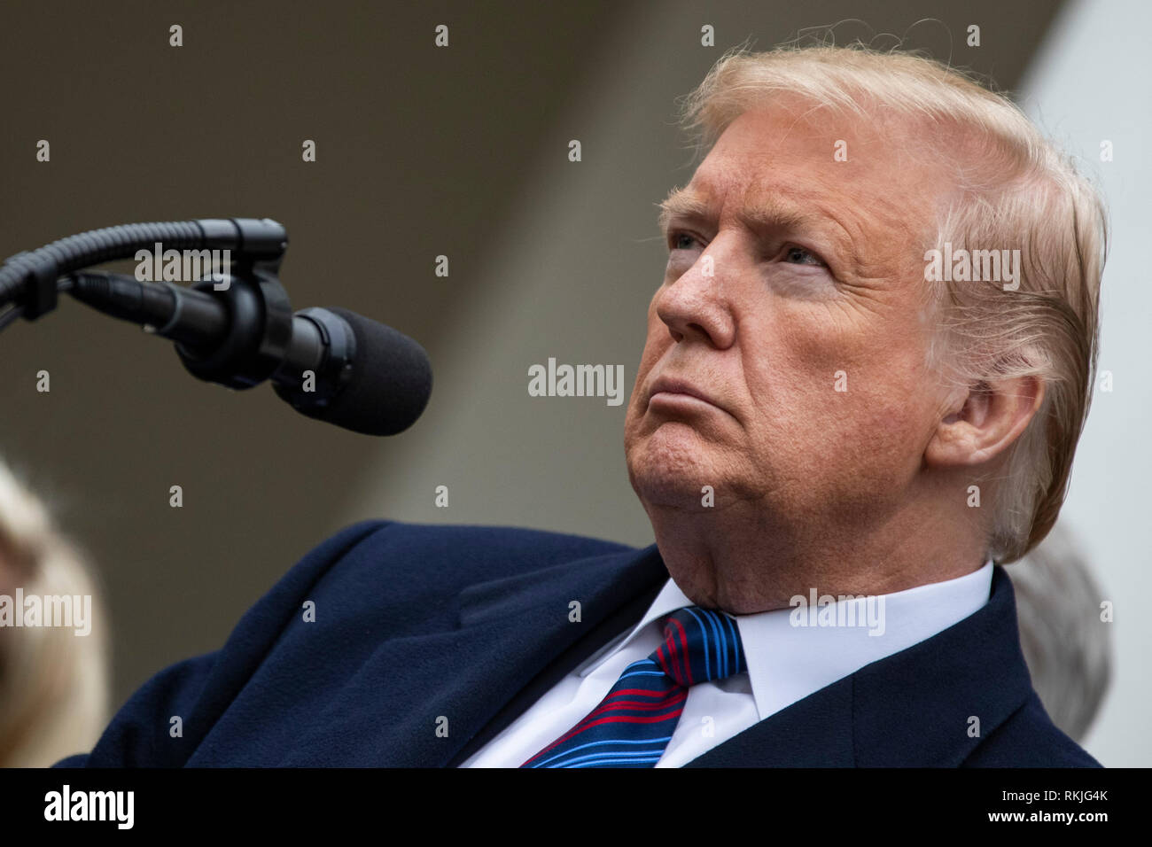 Il presidente statunitense Donald Trump parla ai giornalisti nel Giardino delle Rose della Casa Bianca il 4 gennaio 2019. Foto Stock