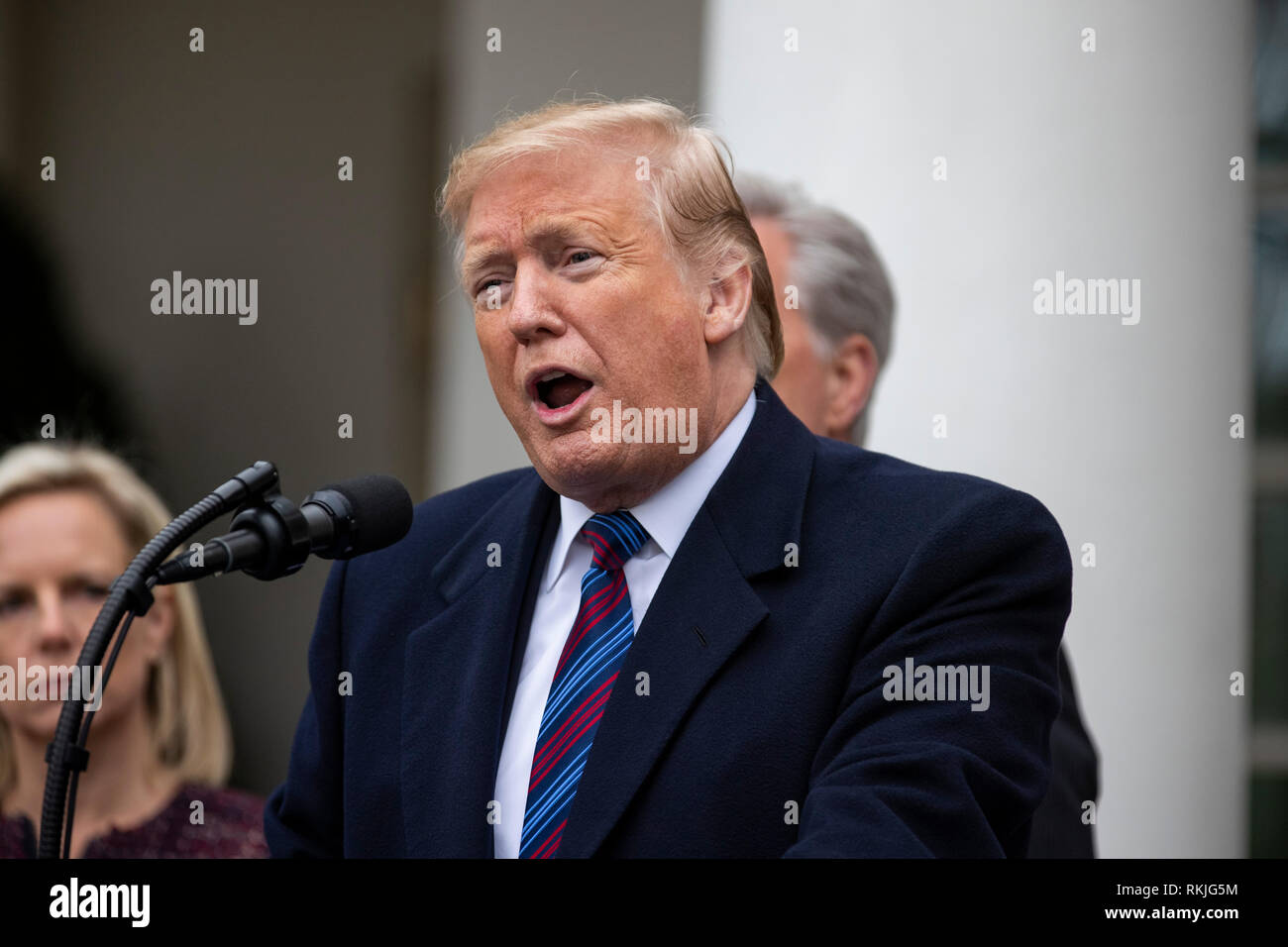 Il presidente statunitense Donald Trump parla ai giornalisti nel Giardino delle Rose della Casa Bianca il 4 gennaio 2019. Foto Stock