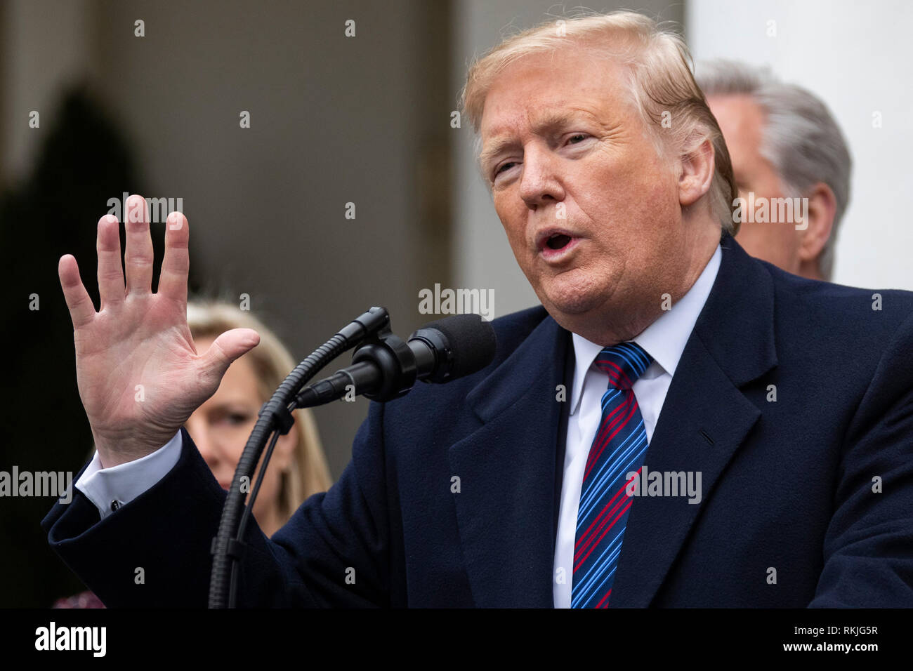 Il presidente statunitense Donald Trump parla ai giornalisti nel Giardino delle Rose della Casa Bianca il 4 gennaio 2019. Foto Stock