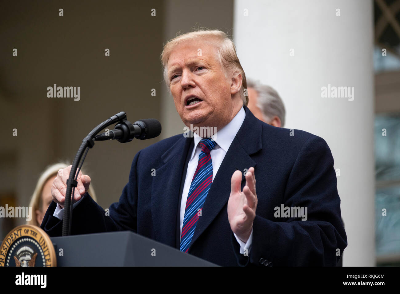 Il presidente statunitense Donald Trump parla ai giornalisti nel Giardino delle Rose della Casa Bianca il 4 gennaio 2019. Foto Stock