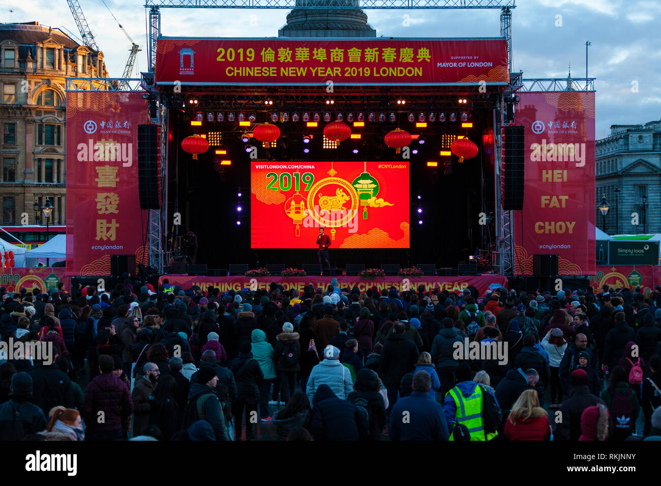 Londra, UK, 10 febbraio, 2019. La celebrazione del Capodanno cinese a Trafalgar Squaren Londra, Regno Unito. Credito: Harishkumar Shah/Alamy Live News Foto Stock