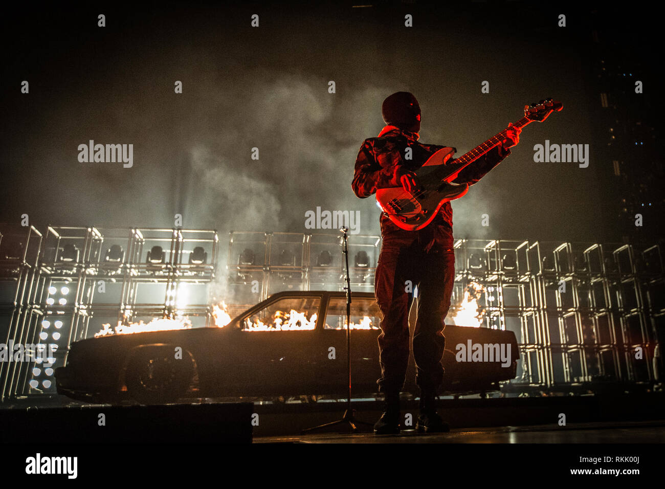 Copenhagen, Danimarca. Xi Febbraio, 2019. Danimarca Copenhagen - Febbraio 11, 2019. Il duo americano ventuno piloti esegue il concerto dal vivo presso il Royal Arena di Copenaghen. Qui la cantante, rapper e musicista Giuseppe Tyler è visto dal vivo sul palco. (Photo credit: Gonzales foto/Alamy Live News Foto Stock