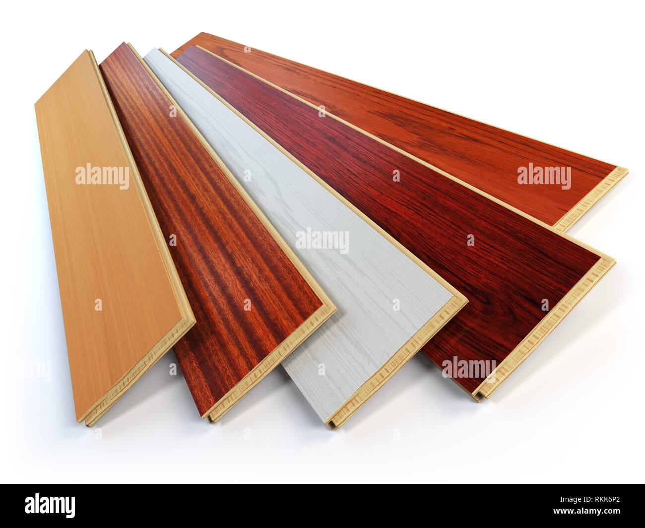 Parquet laminato o tavole di legno di diversi colori su sfondo bianco.  3d'illustrazione Foto stock - Alamy