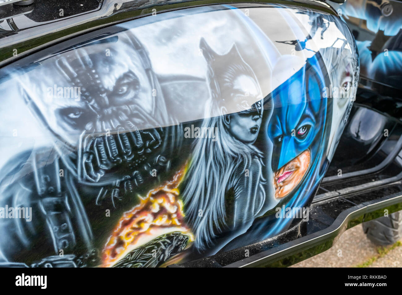 Custom Batman verniciatura a tema su una Lambretta scooter. Steampunk Weekend Feb 2019: Whitby, North Yorkshire. Regno Unito Foto Stock